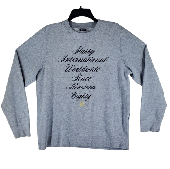 Vtg Stussy Sweatshirt Worldwide Embroidered Cursive Spellout Men M Gray USA Made